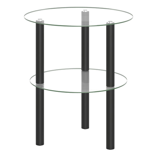 Black 2-tier round end table with clear tempered glass top and shelf, ideal for living room decor.