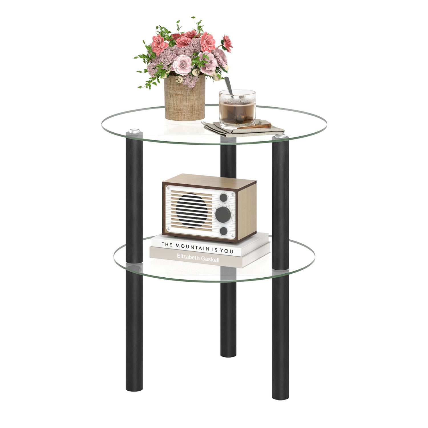 Black 2-tier round end table with clear tempered glass top and shelf, modern living room furniture piece