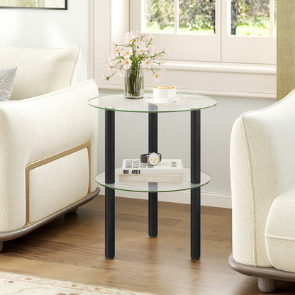 Black 2-tier round end table with clear tempered glass top and shelf, modern living room furniture by Wilsons Home Store