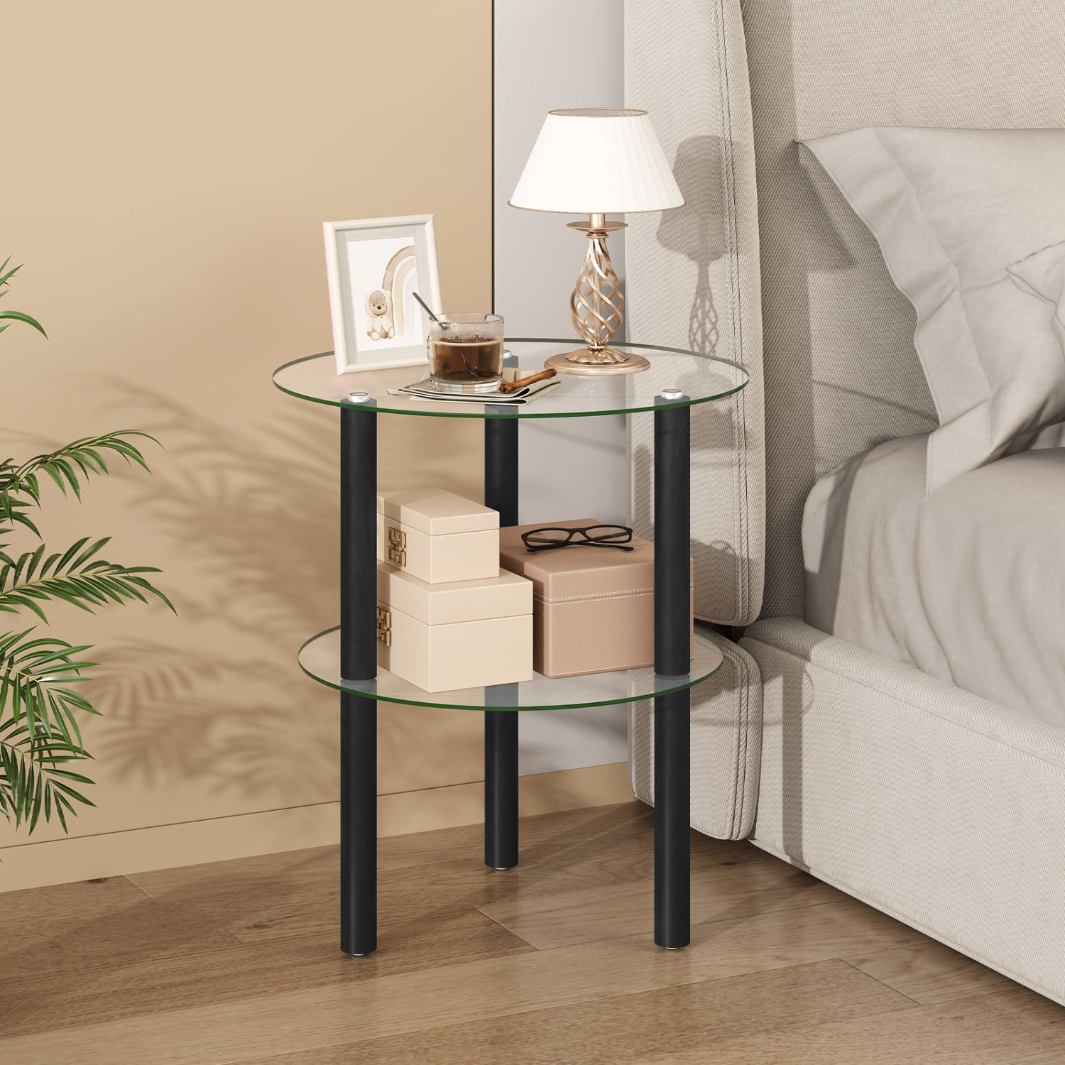 Black 2-tier round end table with clear tempered glass top and shelf, modern furniture for living room by Wilsons Home Store