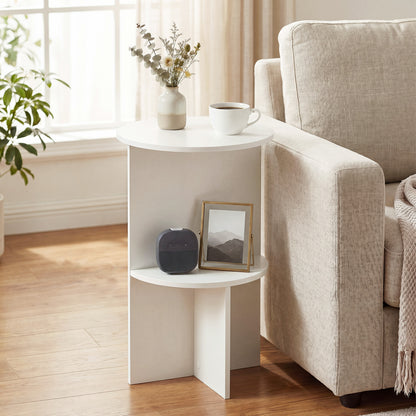 White 2-tier round side table with storage shelf from Wilsons Home Store, ideal for small living room spaces.