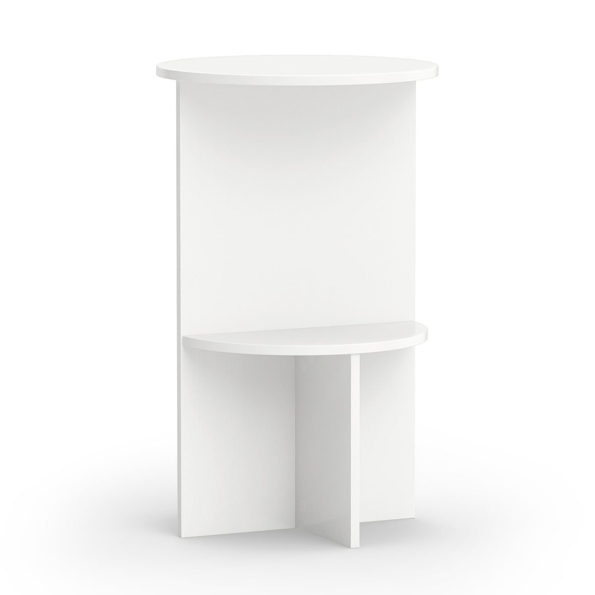 White 2-tier round side table with storage shelf by Wilsons Home Store, ideal for small living room spaces.