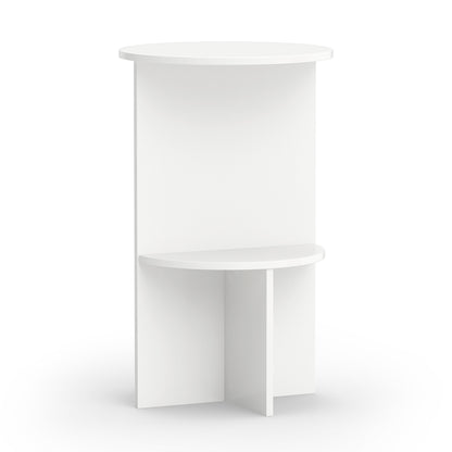 White 2-tier round side table with storage shelf by Wilsons Home Store, ideal for small living room spaces.