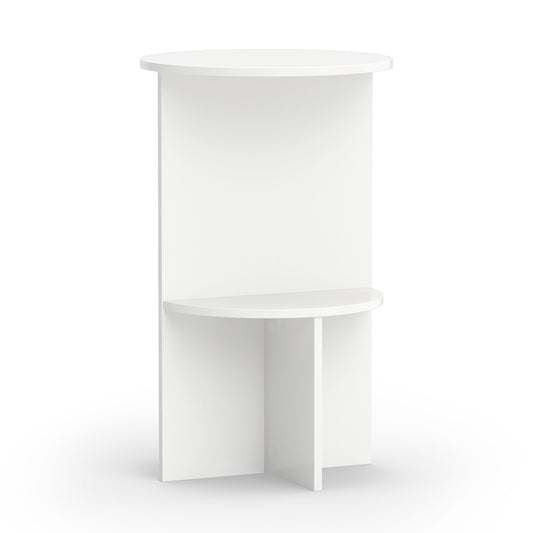 White 2-tier round side table with storage shelf by Wilsons Home Store, ideal for small living room spaces.