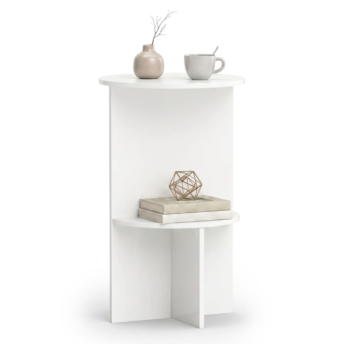 White 2-tier round side table with storage shelf from Wilsons Home Store, ideal for small living room spaces.