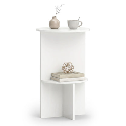 White 2-tier round side table with storage shelf from Wilsons Home Store, ideal for small living room spaces.