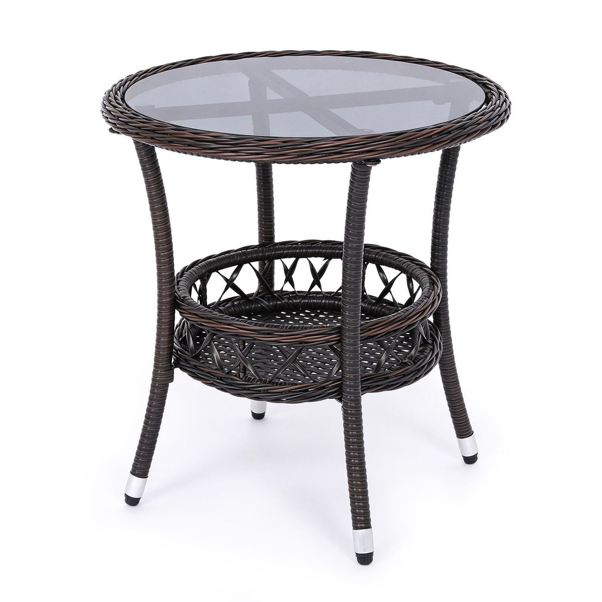 Two-tier small bistro patio table set with tempered glass tabletops and storage shelves, outdoor furniture by Wilsons Home Store.
