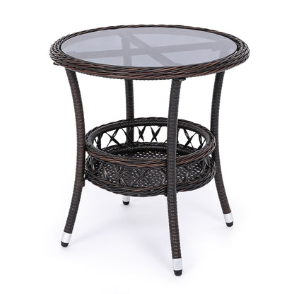 Two-tier small bistro patio table set with tempered glass tabletops and storage shelves, outdoor furniture by Wilsons Home Store.