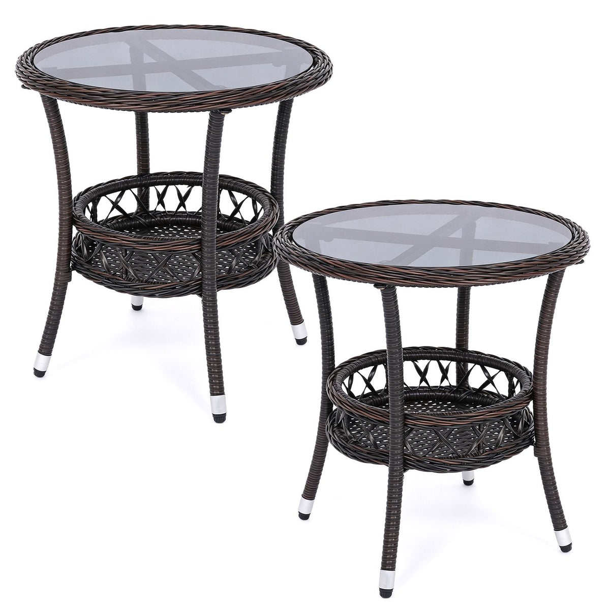 Two-tier small outdoor bistro table set with tempered glass tops and storage shelves, perfect for patio dining and outdoor decor.