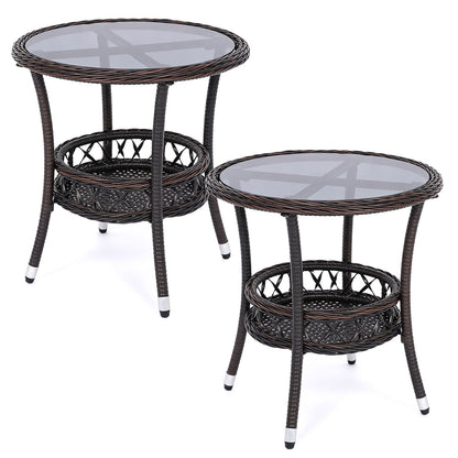 Two-tier small outdoor bistro table set with tempered glass tops and storage shelves, perfect for patio dining and outdoor decor.
