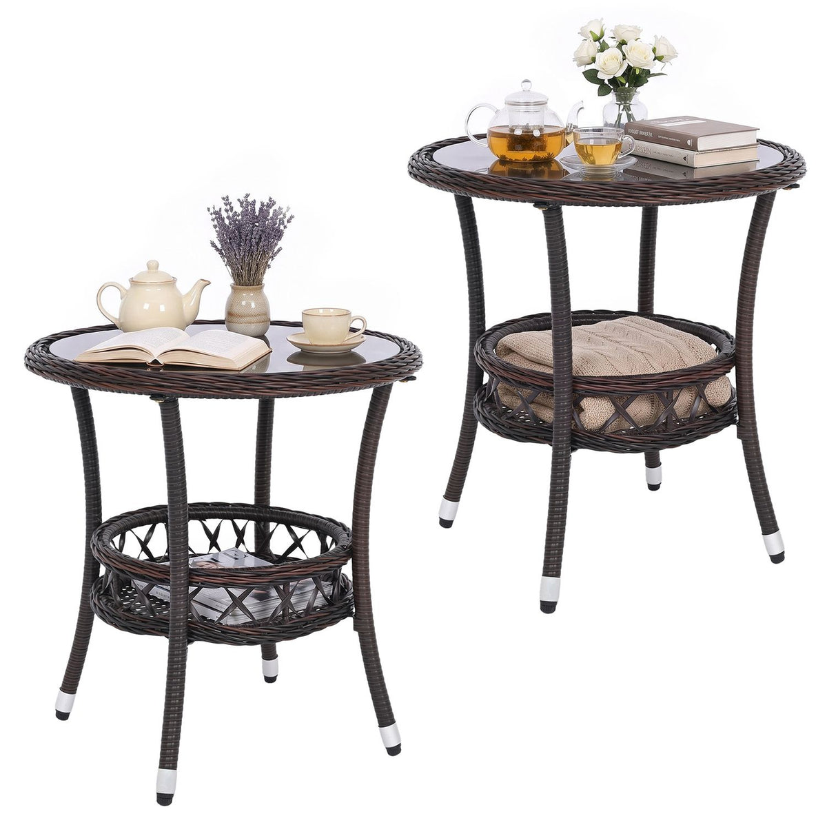 Pair of 2-tier small bistro tables with tempered glass tops and storage shelves for outdoor patio use.