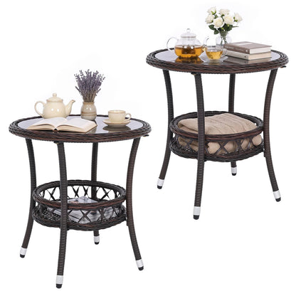 Pair of 2-tier small bistro tables with tempered glass tops and storage shelves for outdoor patio use.