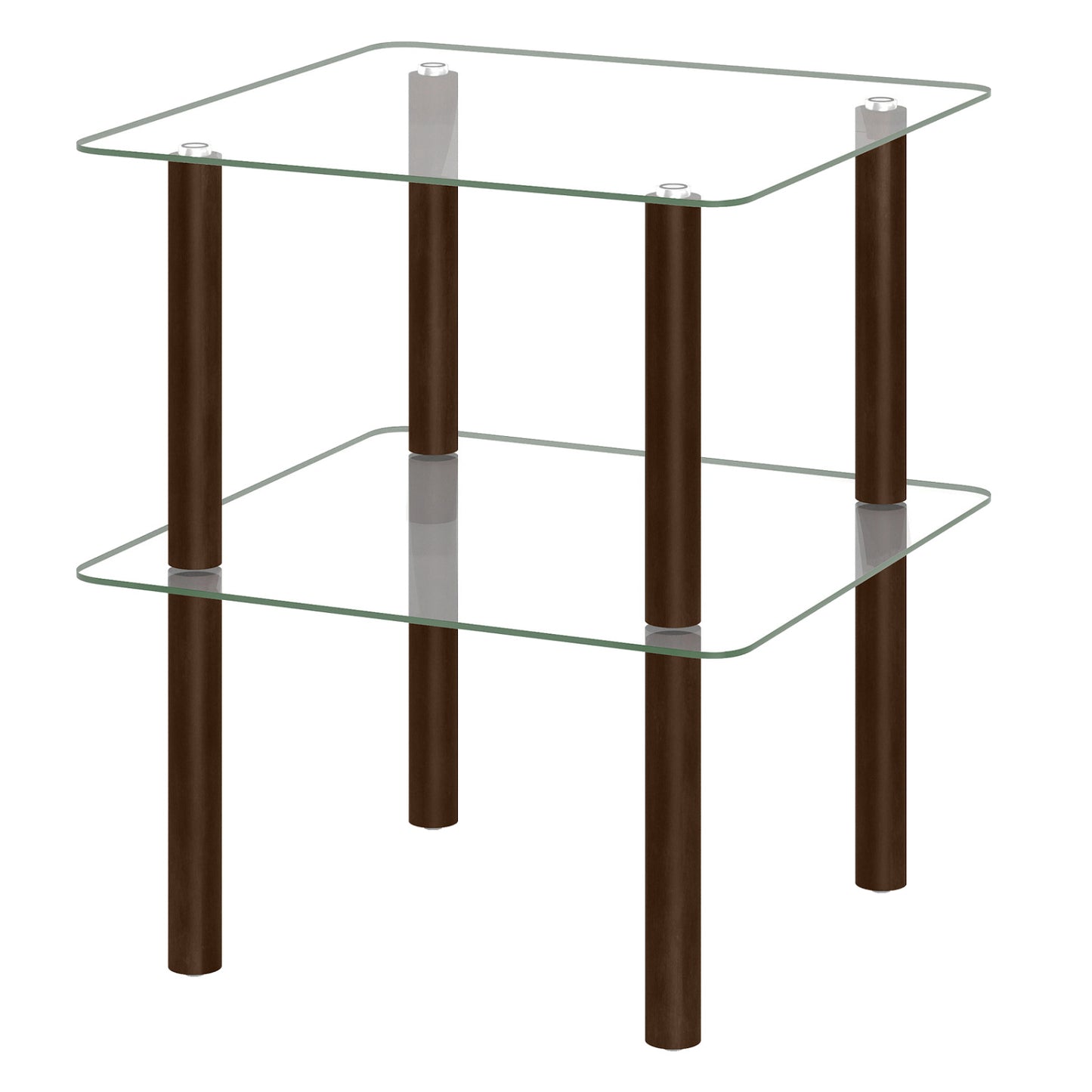Black 2-tier square end table with clear tempered glass top and shelf, ideal for living room decor.
