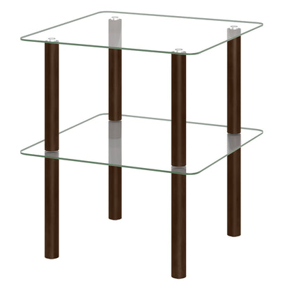 Black 2-tier square end table with clear tempered glass top and shelf, ideal for living room decor.