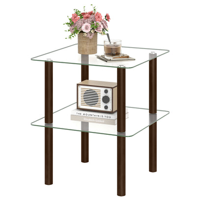 Black 2-tier square end table with glass top and shelf, modern living room furniture piece by Wilsons Home Store.