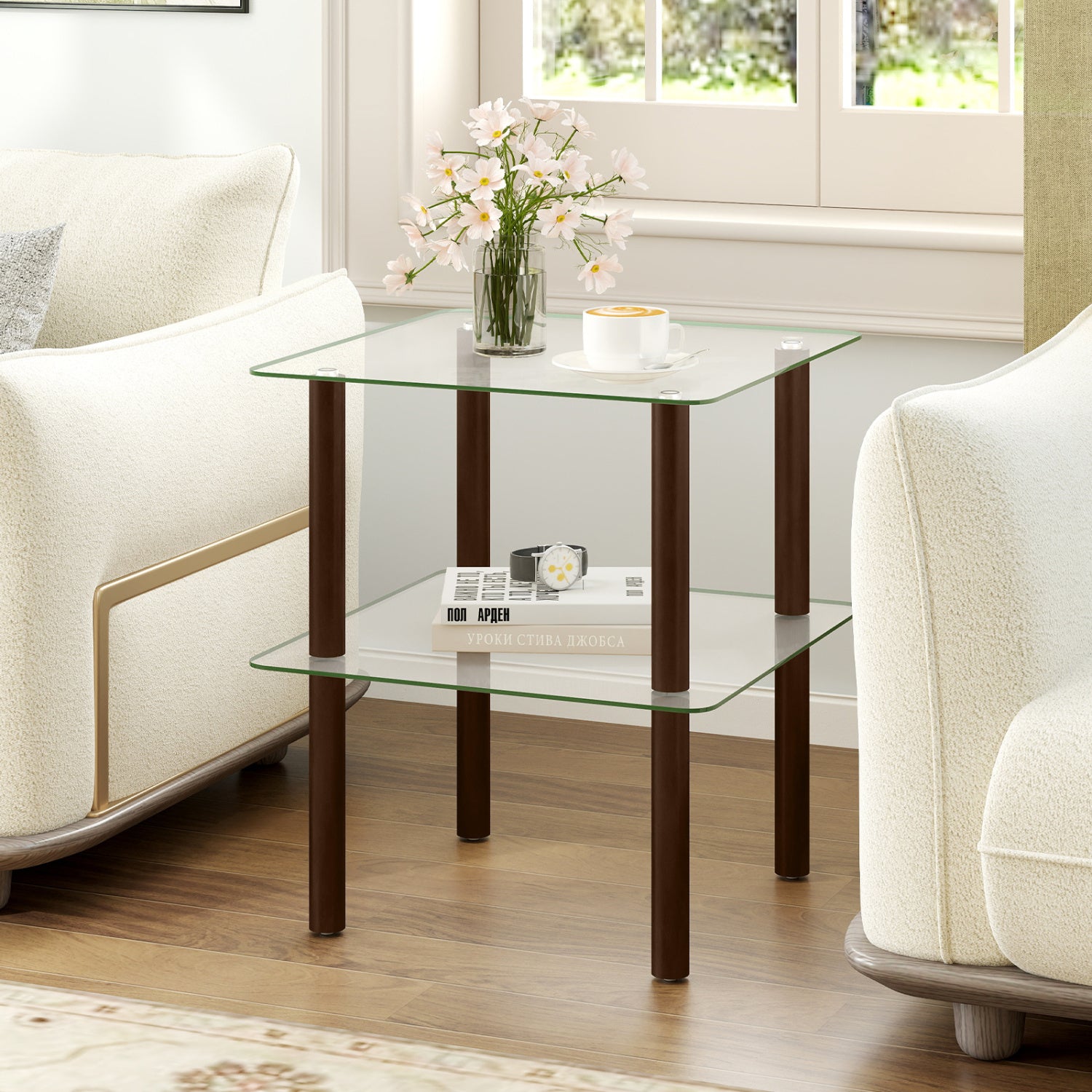 Black 2-tier square end table with tempered glass top and lower shelf, perfect for living room decor.