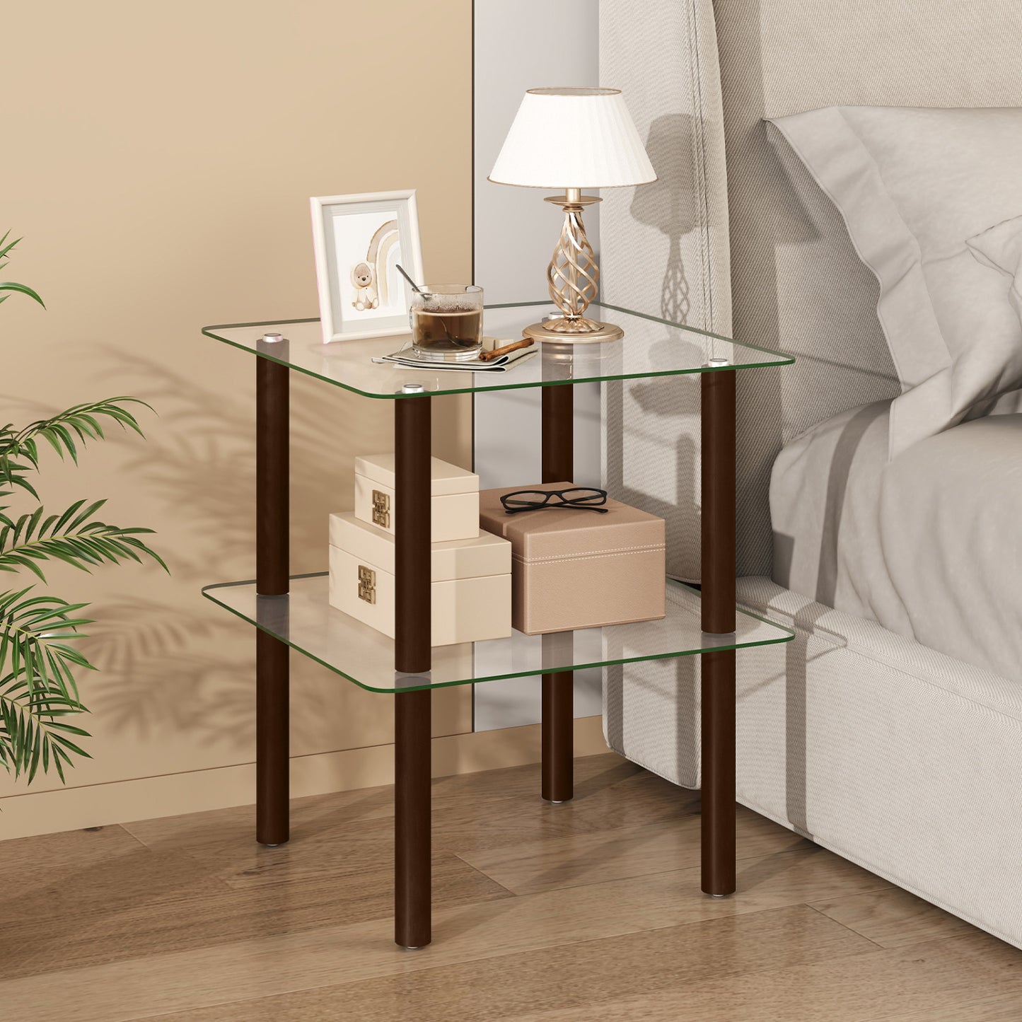 Black 2-tier square end table with clear tempered glass top and shelf, ideal for living room decor.