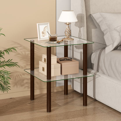 Black 2-tier square end table with clear tempered glass top and shelf, ideal for living room decor.