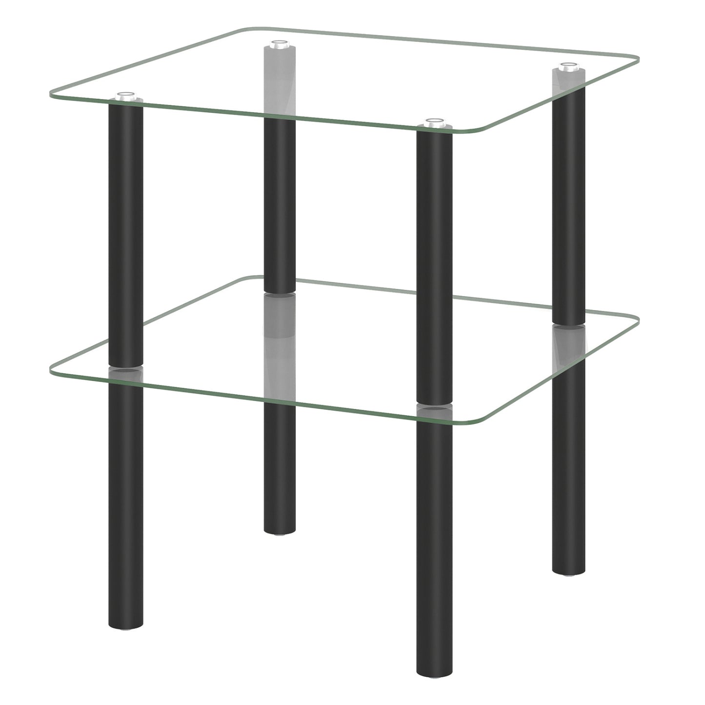 Black 2-tier square end table with glass top and shelf, modern furniture piece for living room use.