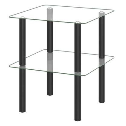 Black 2-tier square end table with glass top and shelf, modern furniture piece for living room use.