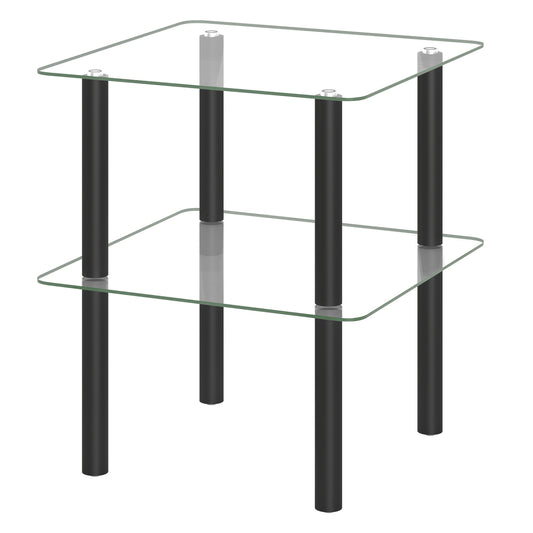 Black 2-tier square end table with glass top and shelf, modern furniture piece for living room use.
