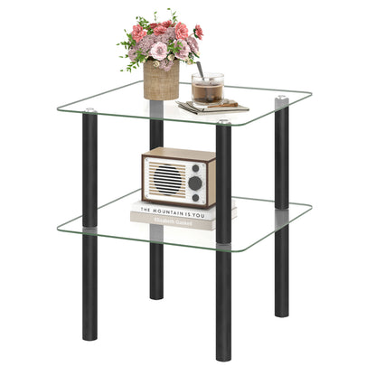 Black 2-tier square end table with clear tempered glass top and lower shelf, contemporary living room furniture piece.