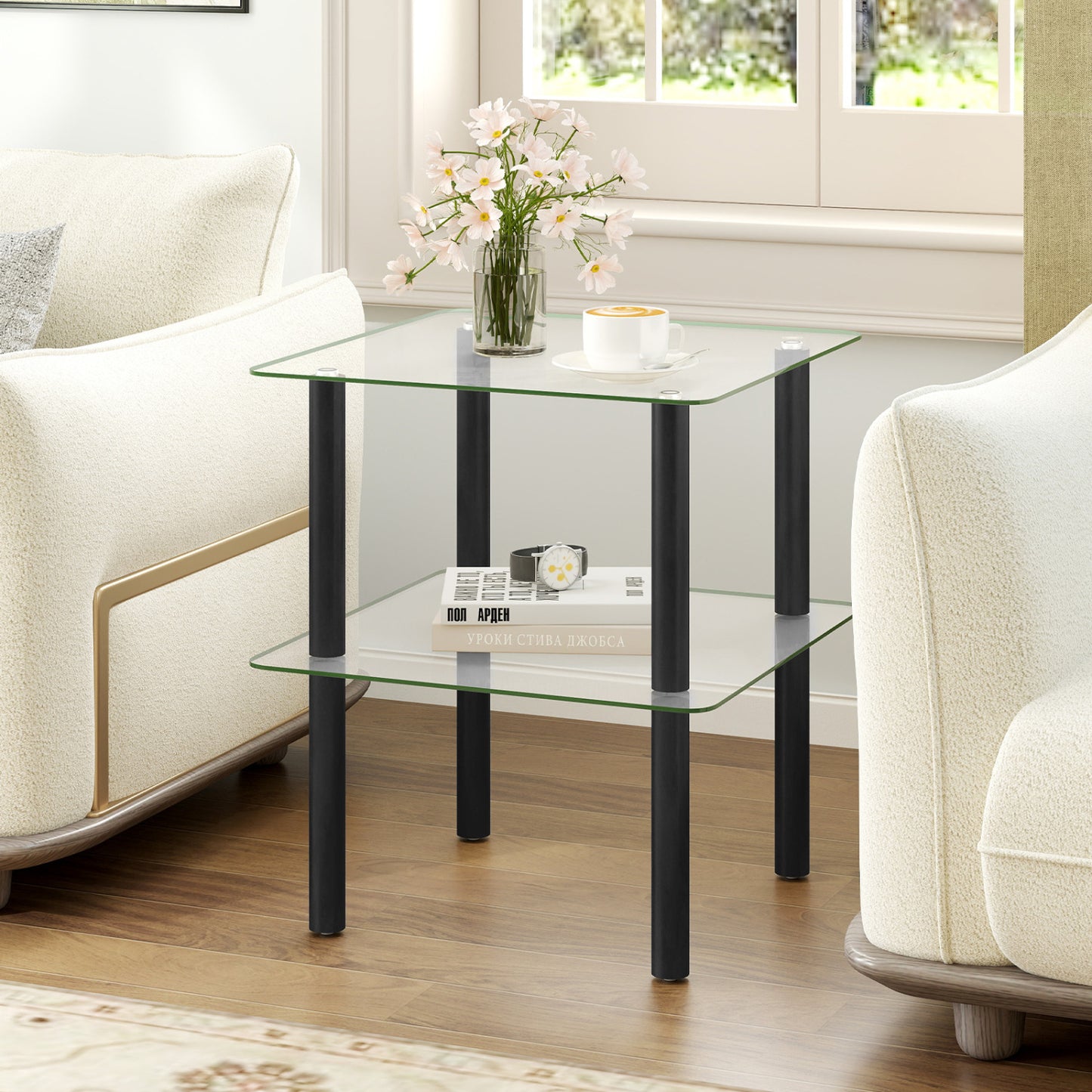 Black 2-tier square end table with glass top and shelf, ideal for living room decor, by Wilsons Home Store.