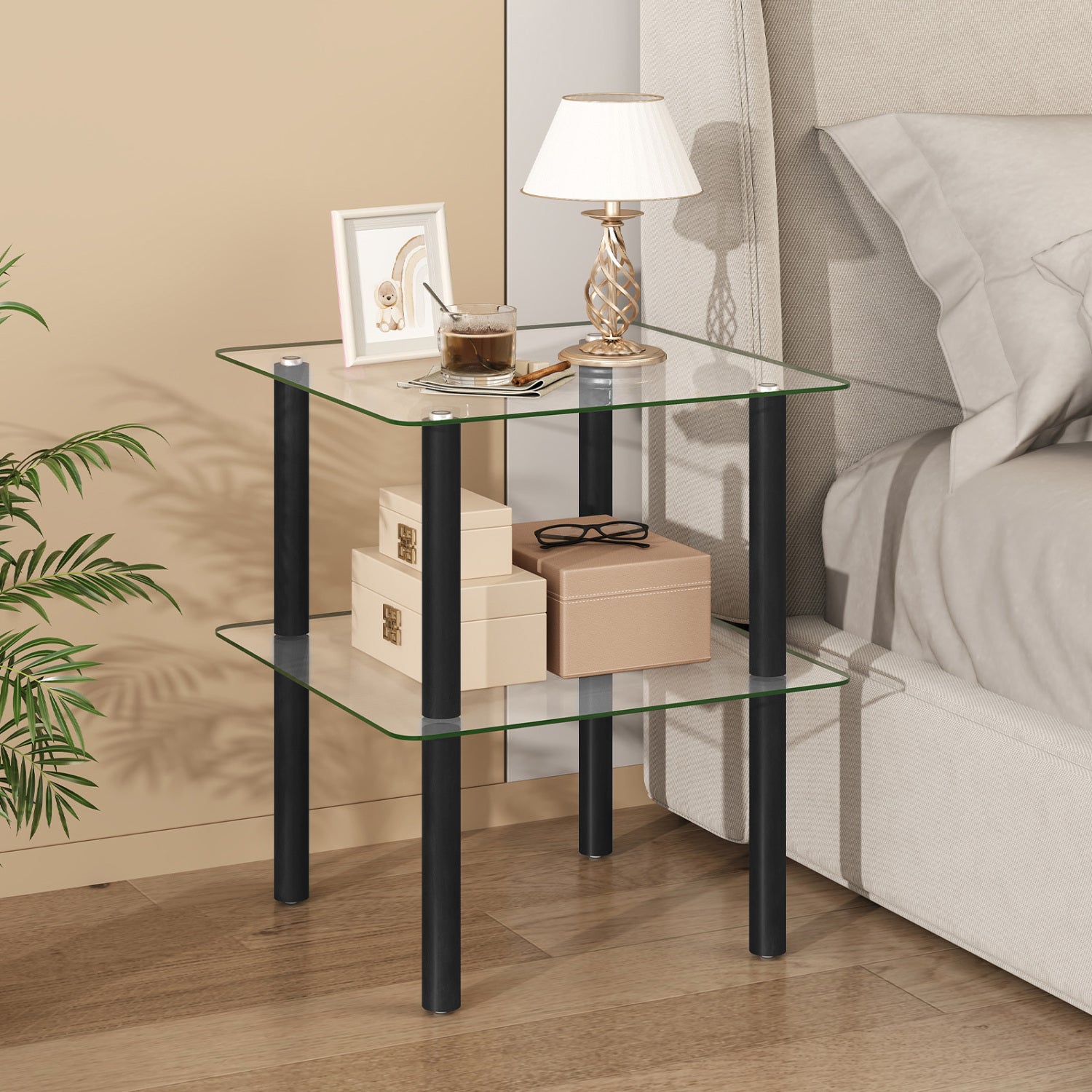 Black 2-tier square end table with glass top and shelf, ideal for living room decor, from Wilsons Home Store.