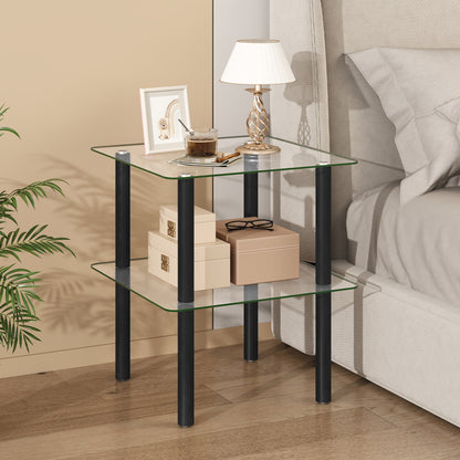Black 2-tier square end table with glass top and shelf, ideal for living room decor, from Wilsons Home Store.