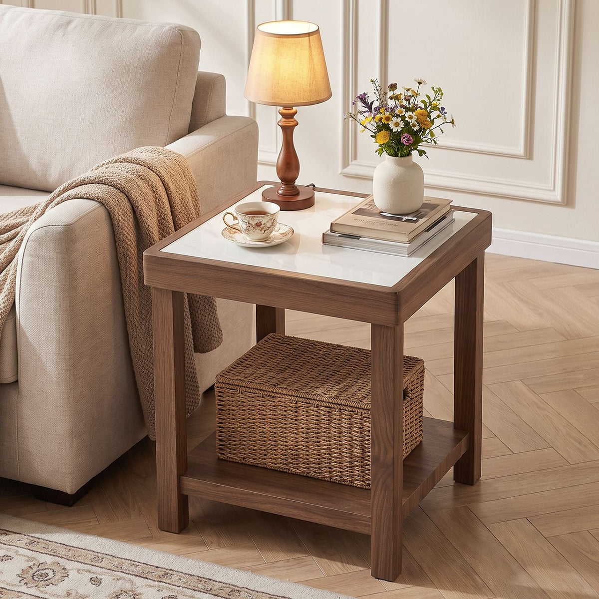 2-Tier Square Side Table with Faux Marble Top for Living Room-Walnut