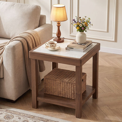 2-Tier Square Side Table with Faux Marble Top for Living Room-Walnut