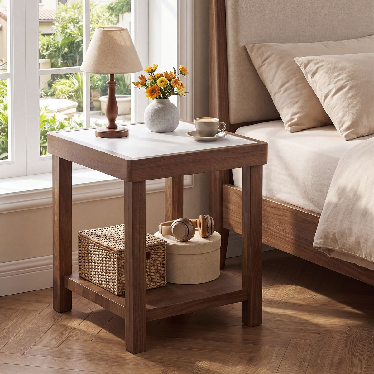 2-Tier Square Side Table with Faux Marble Top for Living Room-Walnut