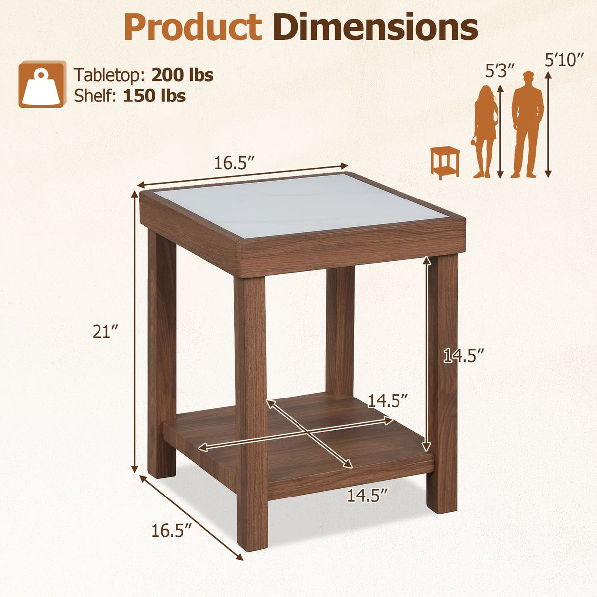 2-Tier Square Side Table with Faux Marble Top for Living Room-Walnut