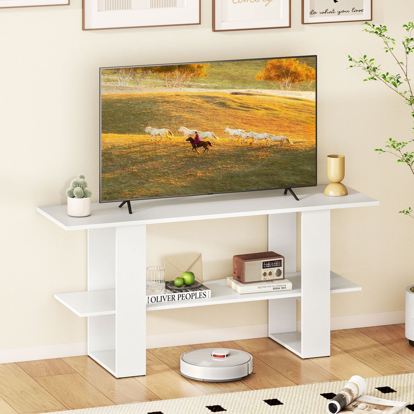 2-Tier TV Stand with Storage for TVs up to 55 Inch Console Table with Open Shelf-White