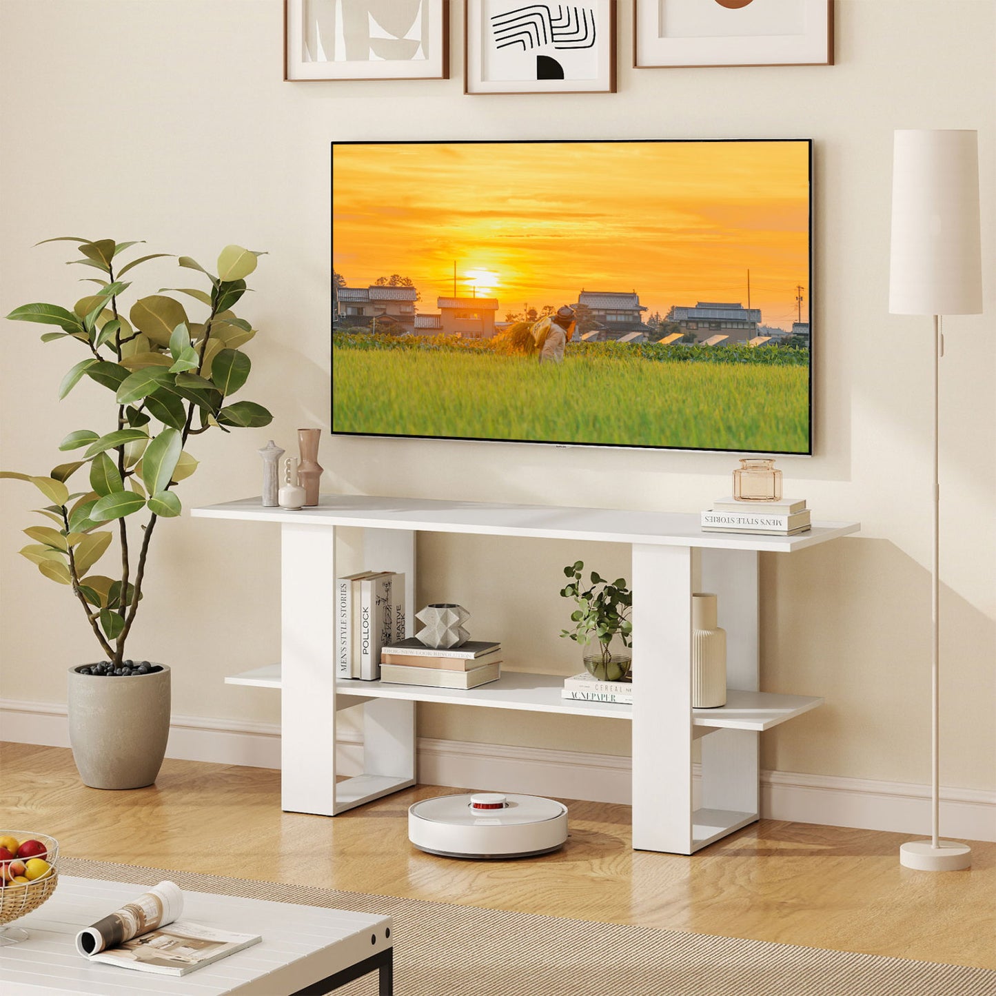 2-Tier TV Stand with Storage for TVs up to 55 Inch Console Table with Open Shelf-White