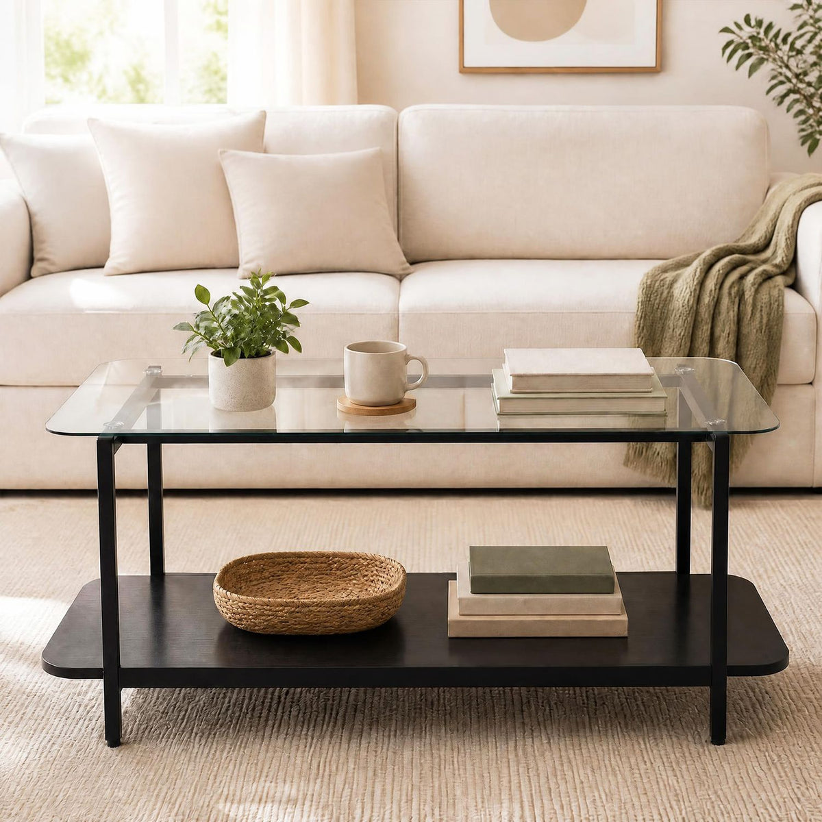 Black 2-tier tempered glass coffee table with storage shelf, modern living room furniture by Wilsons Home Store.