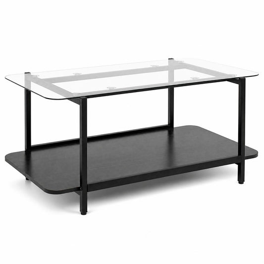 Black 2-tier tempered glass coffee table with storage shelf, modern living room furniture piece by Wilsons Home Store