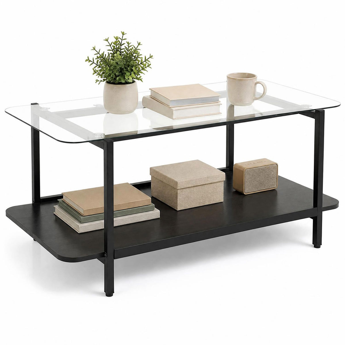 Black 2-tier tempered glass coffee table with storage shelf, modern living room furniture by Wilsons Home Store.