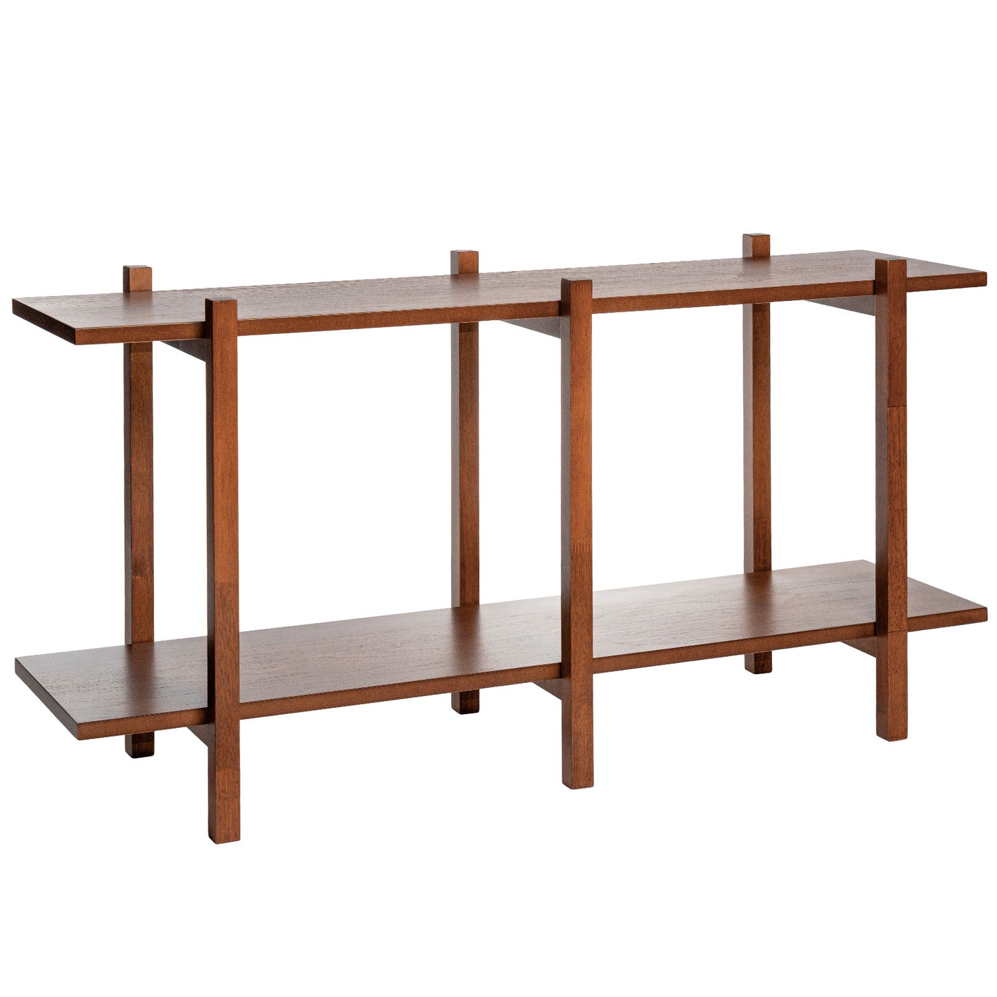 2-Tier Wood Bookshelf Low Horizontal Rubberwood Bookcase for Display-Walnut