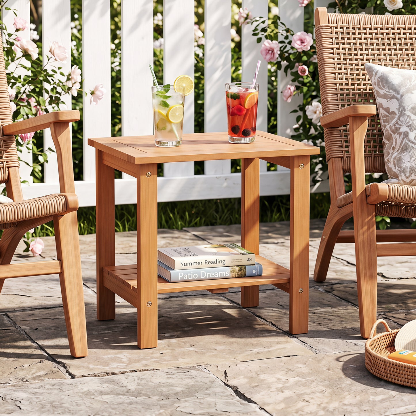 2-Tier Wood Patio End Table with Slatted Tabletop and Storage Shelf for Backyard-Black