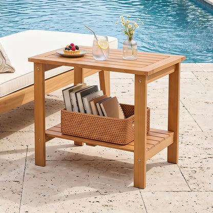 2-Tier Wood Patio End Table with Slatted Tabletop and Storage Shelf for Backyard-Black