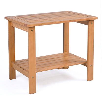 2-Tier Wood Patio End Table with Slatted Tabletop and Storage Shelf for Backyard-Black
