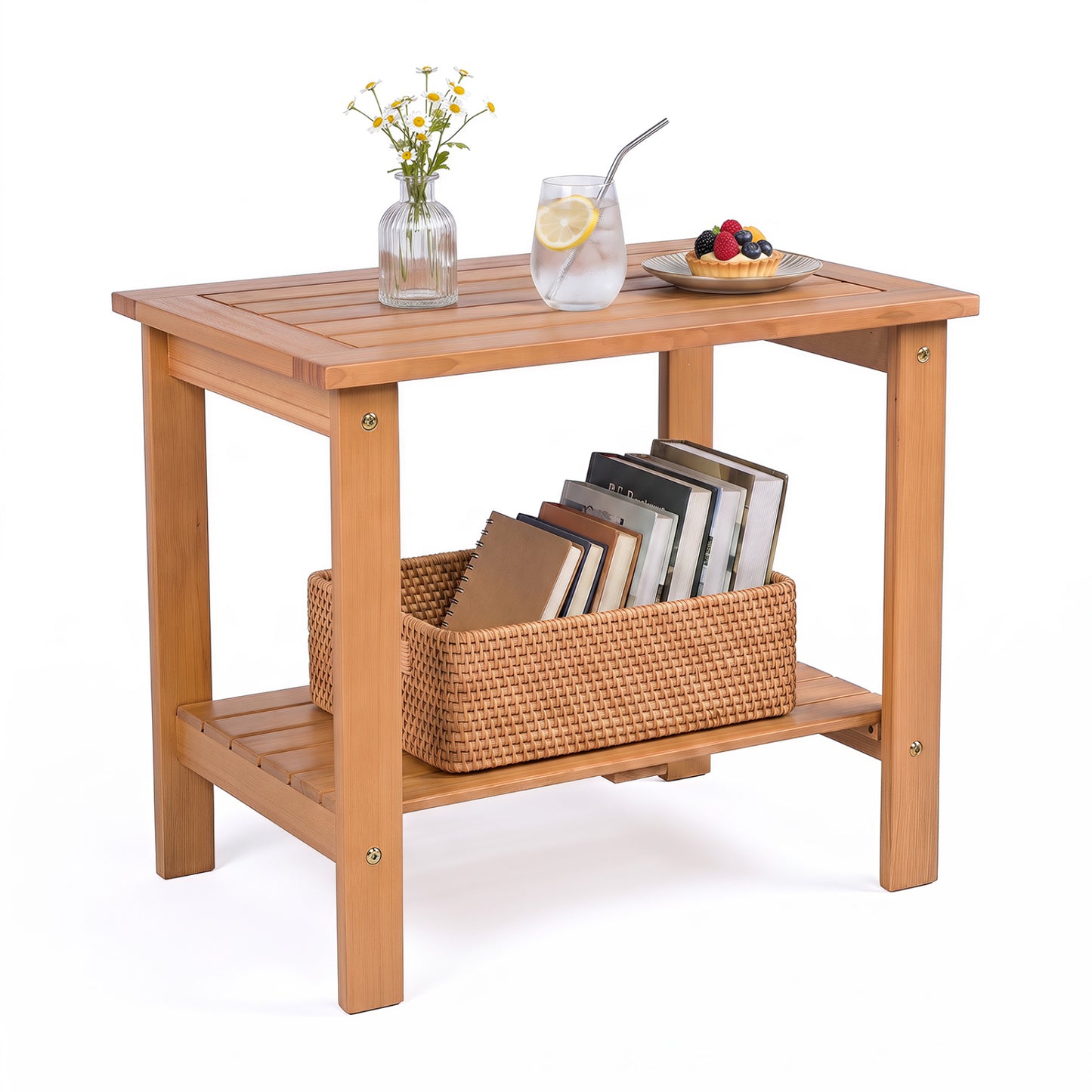 2-Tier Wood Patio End Table with Slatted Tabletop and Storage Shelf for Backyard-Black