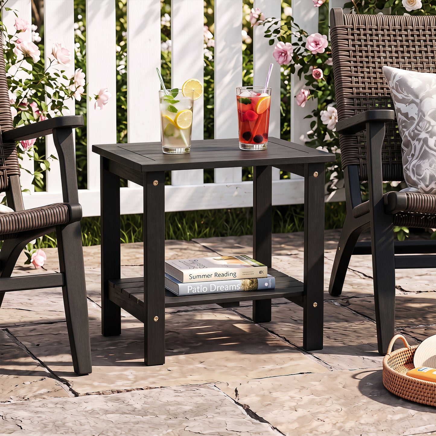 2-Tier Wood Patio End Table with Slatted Tabletop and Storage Shelf for Backyard-Black
