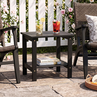 2-Tier Wood Patio End Table with Slatted Tabletop and Storage Shelf for Backyard-Black