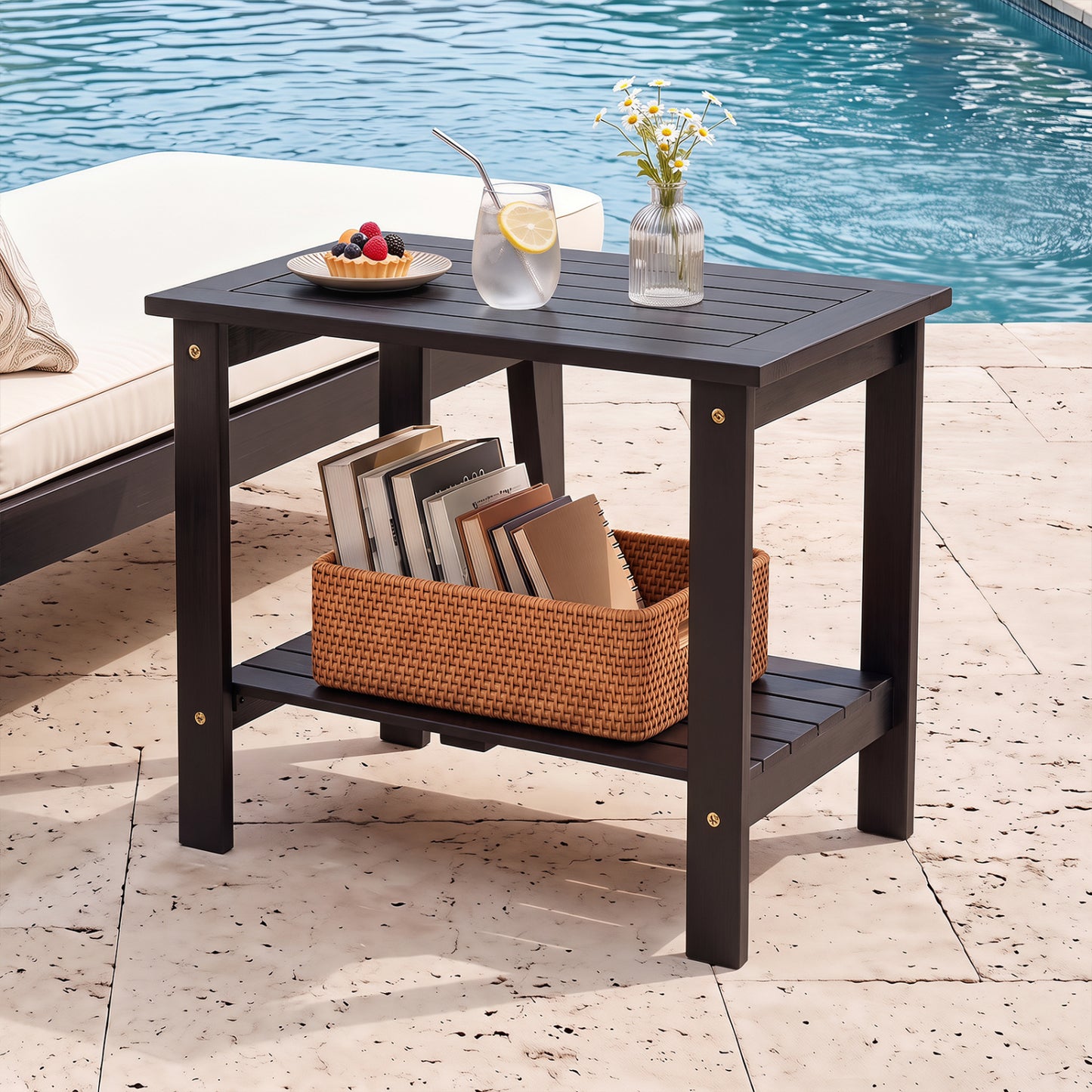2-Tier Wood Patio End Table with Slatted Tabletop and Storage Shelf for Backyard-Black