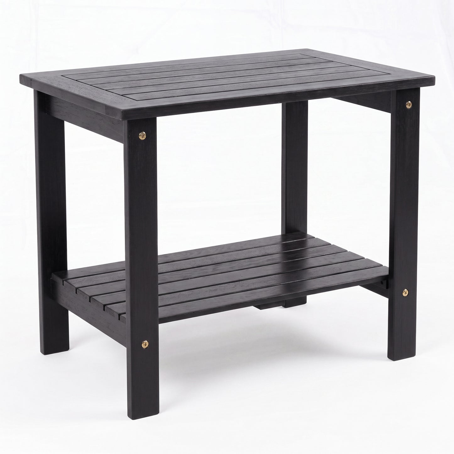 2-Tier Wood Patio End Table with Slatted Tabletop and Storage Shelf for Backyard-Black