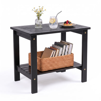 2-Tier Wood Patio End Table with Slatted Tabletop and Storage Shelf for Backyard-Black