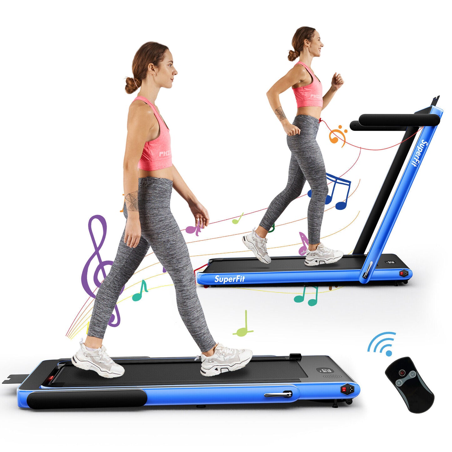 2 in 1 2.25HP Folding Treadmill with APP Speaker Remote Control-Black