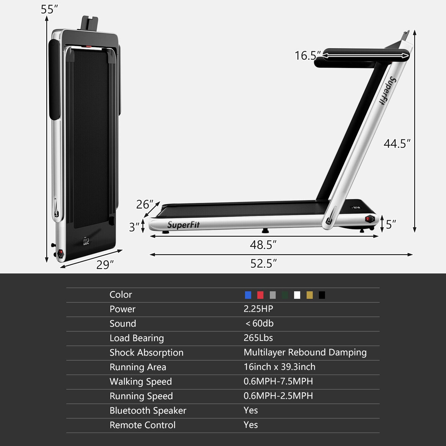 2 in 1 2.25HP Folding Treadmill with APP Speaker Remote Control-Black